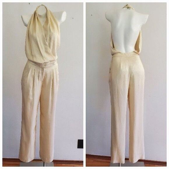 Reiss Jody Gold Metallic Halter Jumpsuit Open Back Crossover NEW Cocktail Glam - Picture 1 of 16